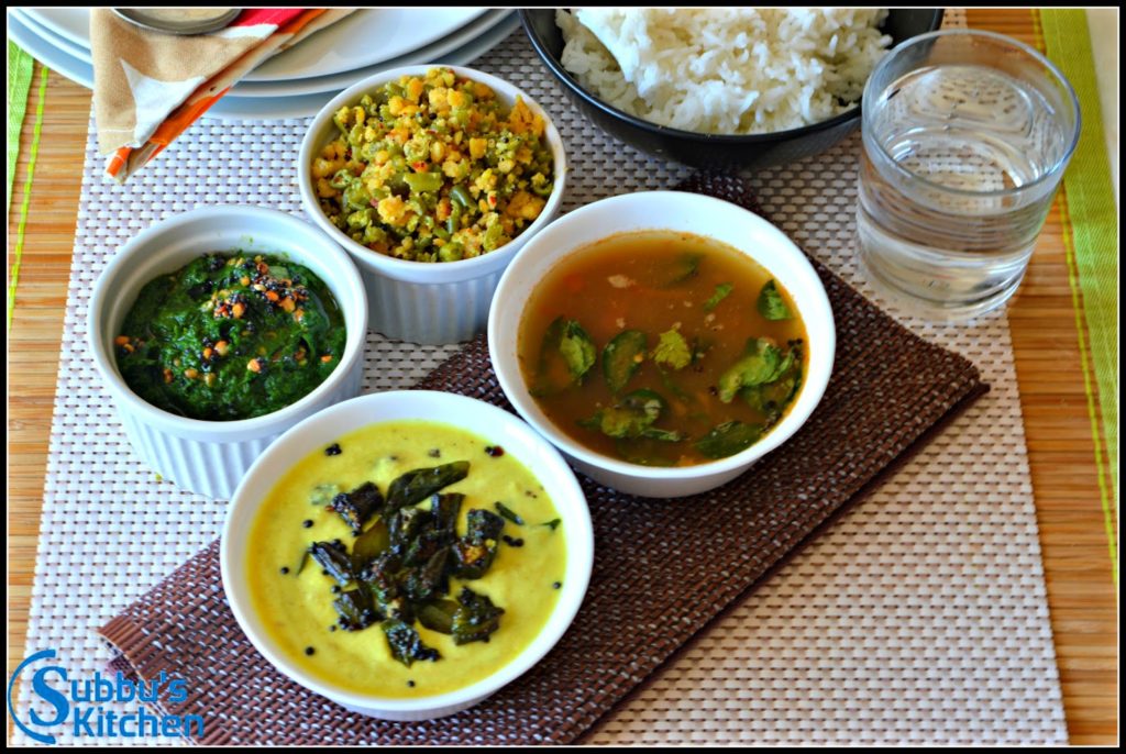 South Indian Lunch Menu 2 - Mor Kuzhambu, Kalyana Rasam, Paruppu Usuli and Keerai Masiyal