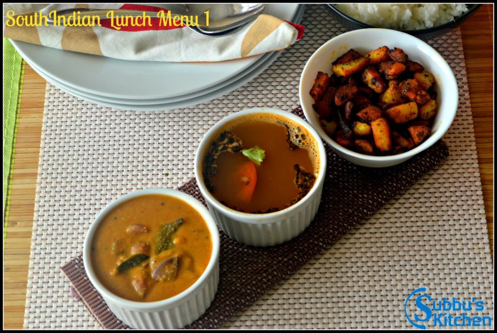 SouthIndian Lunch Menu Ideas  1 - Vengaya Sambar, Thakkali Rasam and Urulai Kara Curry SouthIndian Lunch Menu Ideas  1 - Vengaya Sambar, Thakkali Rasam and Urulai Kara Curry