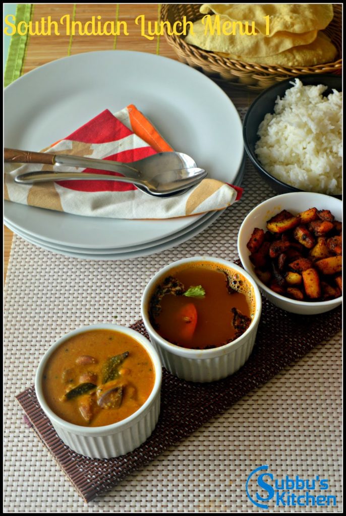 SouthIndian Lunch Menu Ideas  1 - Vengaya Sambar, Thakkali Rasam and Urulai Kara Curry SouthIndian Lunch Menu Ideas  1 - Vengaya Sambar, Thakkali Rasam and Urulai Kara Curry