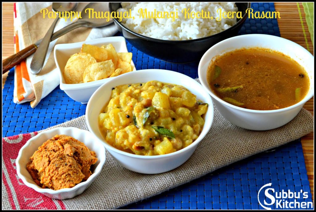 SouthIndian Lunch Menu  2 - Paruppu Thugayal, Jeera Rasam and Mullangi Rasam