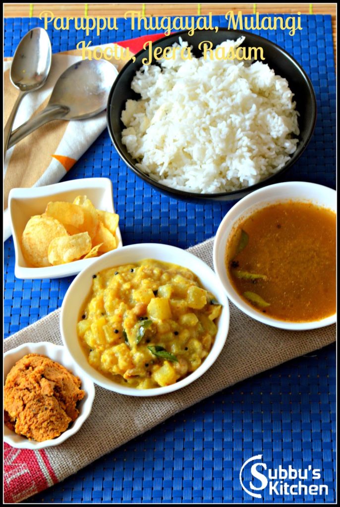 SouthIndian Lunch Menu  2 - Paruppu Thugayal, Jeera Rasam and Mullangi Rasam SouthIndian Lunch Menu  2 - Paruppu Thugayal, Jeera Rasam and Mullangi Rasam