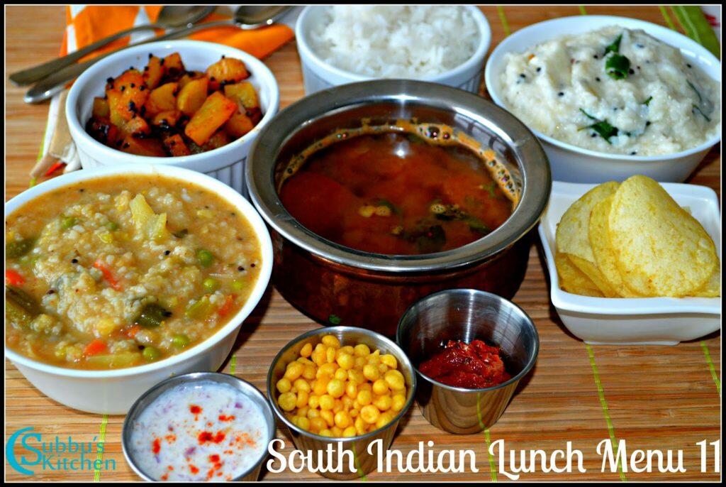 South Indian Lunch Menu 12 - Bisibelabath, Kalyana Rasam, Potato stir-fry and Onion Raitha