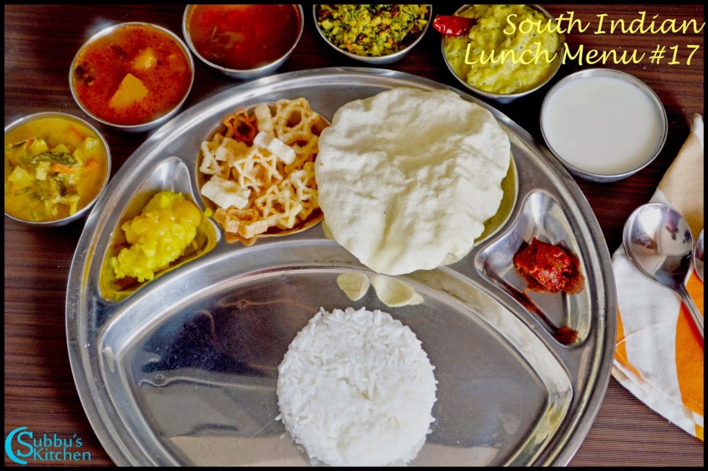 South Indian Lunch Menu 17 - Parangikkai Puli Kuzhambu, Aviyal Kuzhambu, Vengaya Rasam, Vendaya Keerai Thuvaran, Peerkangai kootu