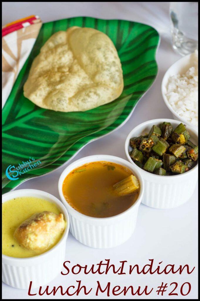 South Indian Lunch Menu 20 - Bonda Morkuzhambu, Drumstick Rasam, Ladysfinger Fry, Papad and Plain Rice