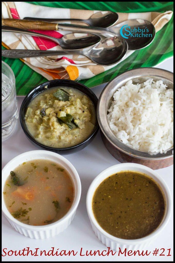 South Indian Lunch Menu 21 - Curry Leaves Kuzhambu, Kambu Rasam, Snakegourd Stew, Rice