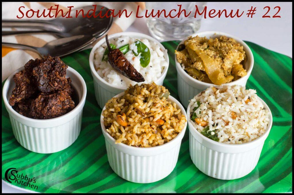 South Indian Lunch Menu 22 -Vaangibath, Coconut Rice, Aviyal, Curd Rice, Vadam, Rice