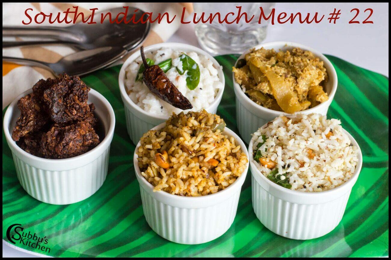 South Indian Lunch Menu 22 -Vaangibath, Coconut Rice, Aviyal, Curd Rice
