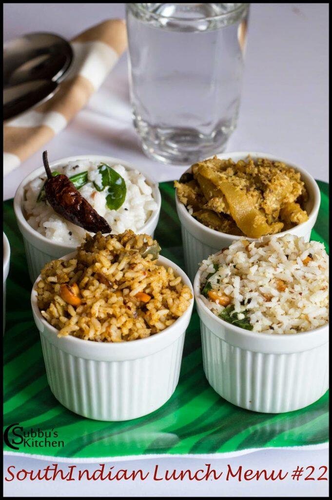 South Indian Lunch Menu 22 -Vaangibath, Coconut Rice, Aviyal, Curd Rice, Vadam, Rice