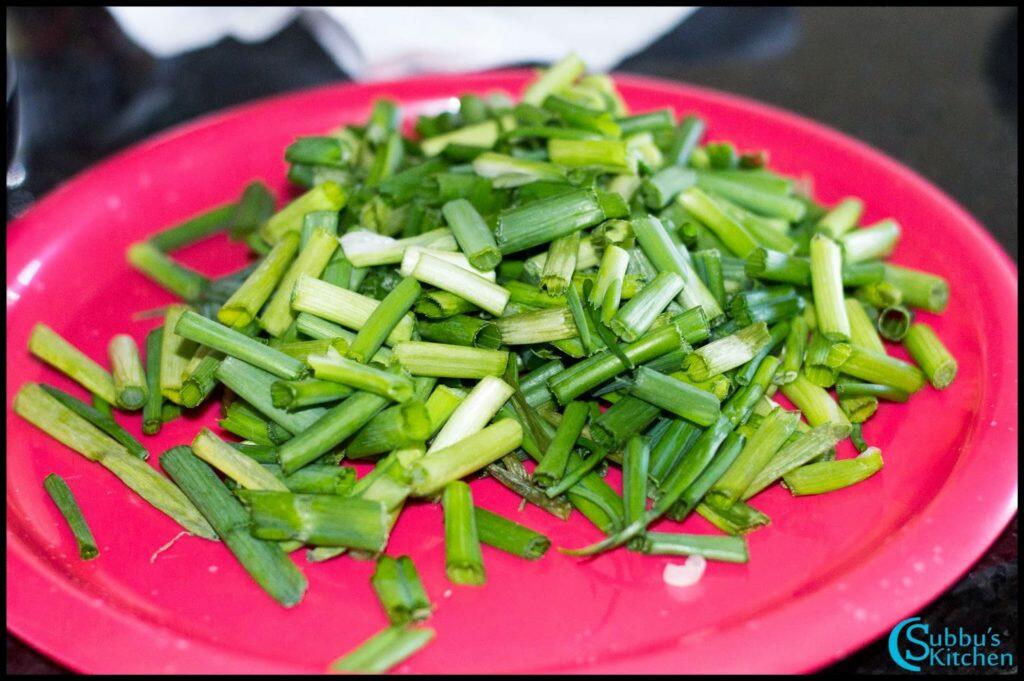 Spring Onion Leaves Poriyal Recipe Vengaya Thazhai Poriyal Recipe