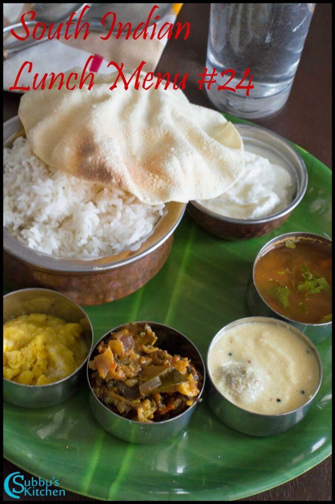 South Indian Lunch Menu 24 - Paruppu Urundai Mor Kuzhambu, Kalyana Rasam, Bittergourd Stir-Fry, Dal with ghee, Curd and Papad South Indian Lunch Menu 24 - Paruppu Urundai Mor Kuzhambu, Kalyana Rasam, Bittergourd Stir-Fry, Dal with ghee, Curd and Papad