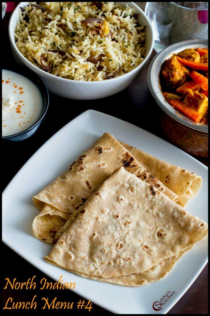 NorthIndian Lunch Menu #4 - Rumali Roti, Paneer Jalfrezi, Jeera Rice and Onion Raitha,