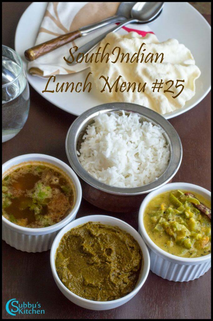 South Indian Lunch Menu 25 - Coriander Leaves Thokku, Capsicum Kootu, Mysore Rasam, Curd, Papad and Rice