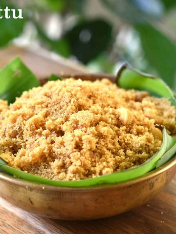 Traditional South Indian Sweet Rice Jaggery Puttu (Arisi Vella Puttu) served as Navratri neivedhyam, made with rice flour, jaggery, ghee, and coconut.