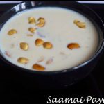A bowl of creamy Saamai Paal Payasam (Little Millet Kheer) garnished with roasted cashews and raisins, served warm in a traditional bowl.