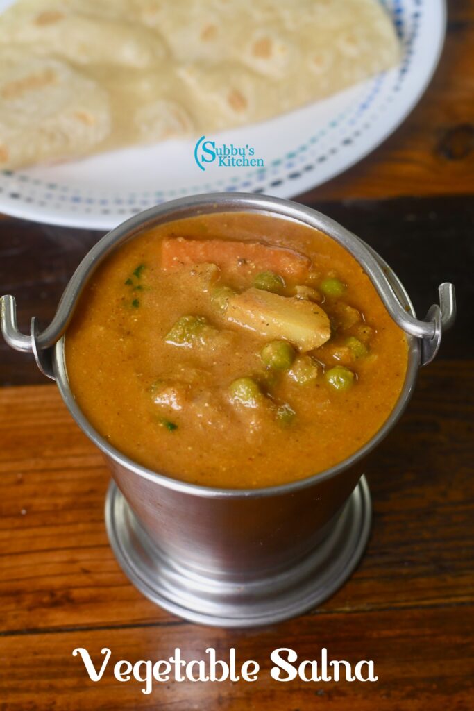 A bowl of colorful vegetable salna, a South Indian curry made with vegetables, coconut milk, and spices.