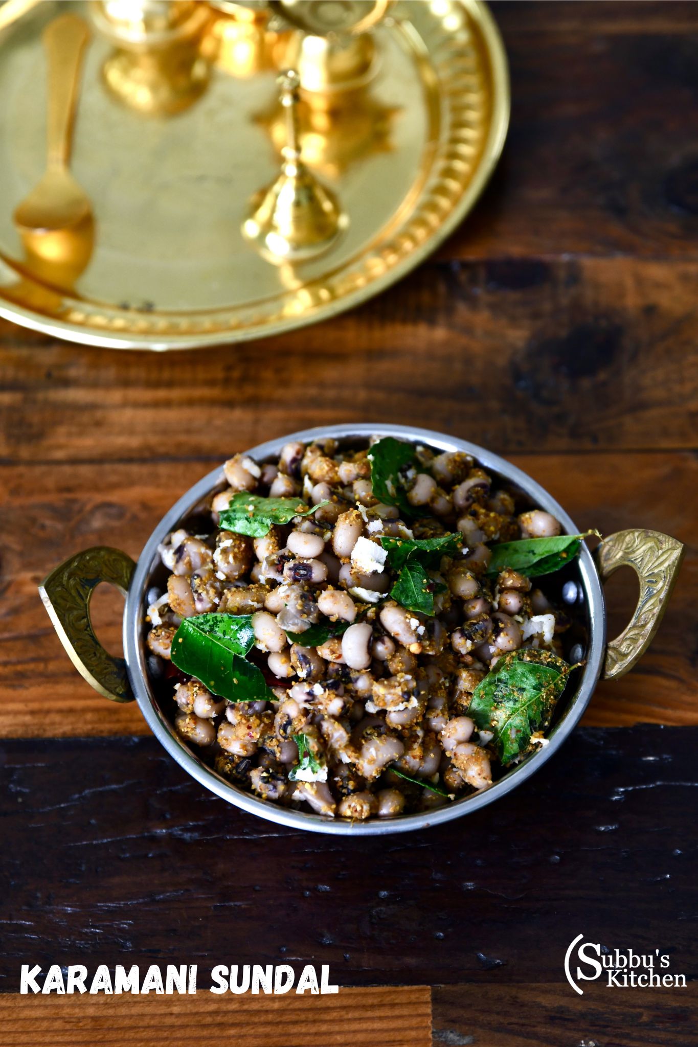 Traditional South Indian Karamani Sundal made with black-eyed peas, tempered with curry leaves, mustard seeds, and red chilies, served fresh