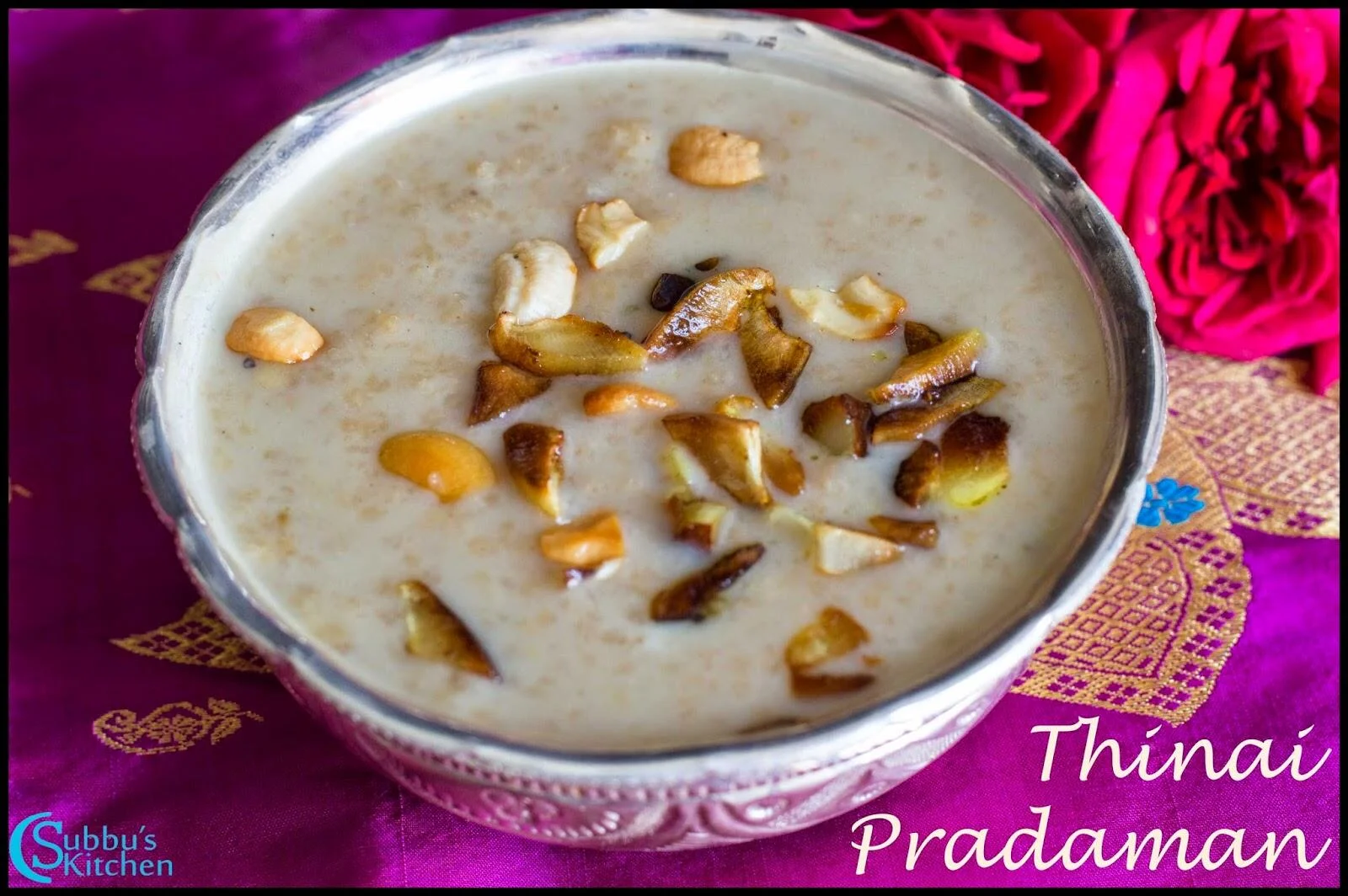 Creamy Thinai Pradaman made with little millet, coconut milk, and jaggery, garnished with ghee-roasted cashews and raisins, served warm in a traditional bowl.