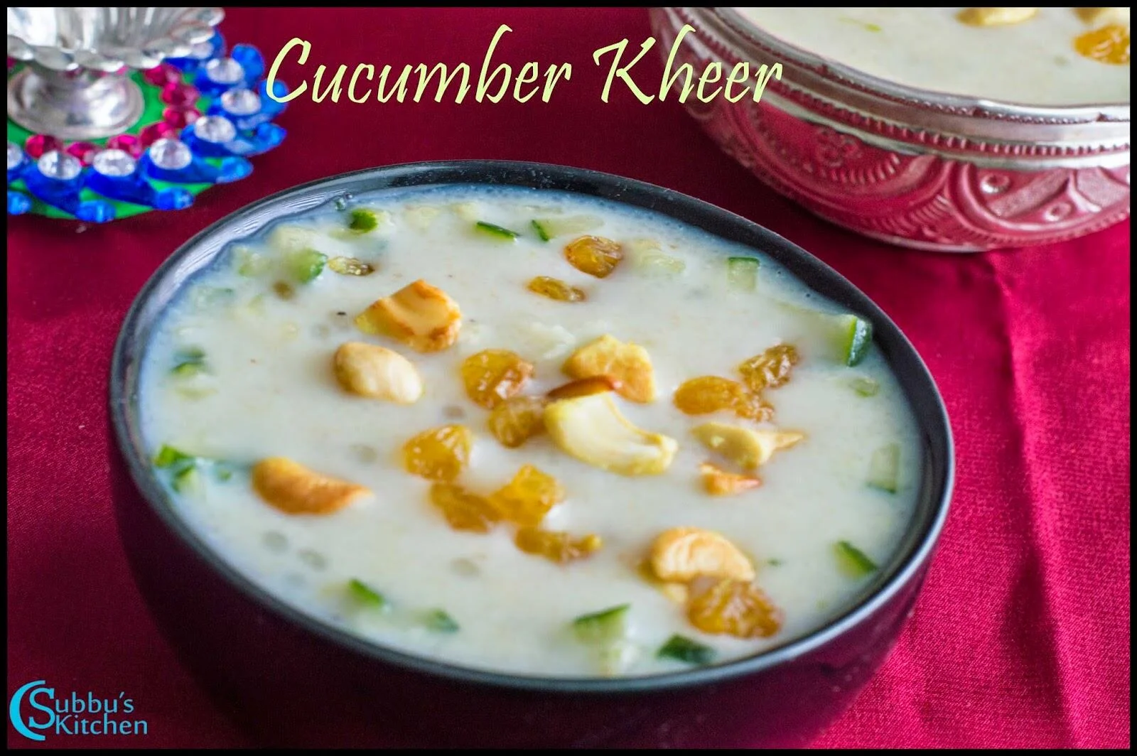 Creamy cucumber kheer (vellarikkai payasam) served in a bowl, topped with ghee-roasted cashews and raisins.